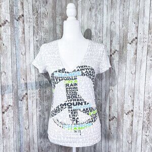 Lilu Short Sleeve Graphic Tee | White | V-Neck | Small | Women's | Peace Sign